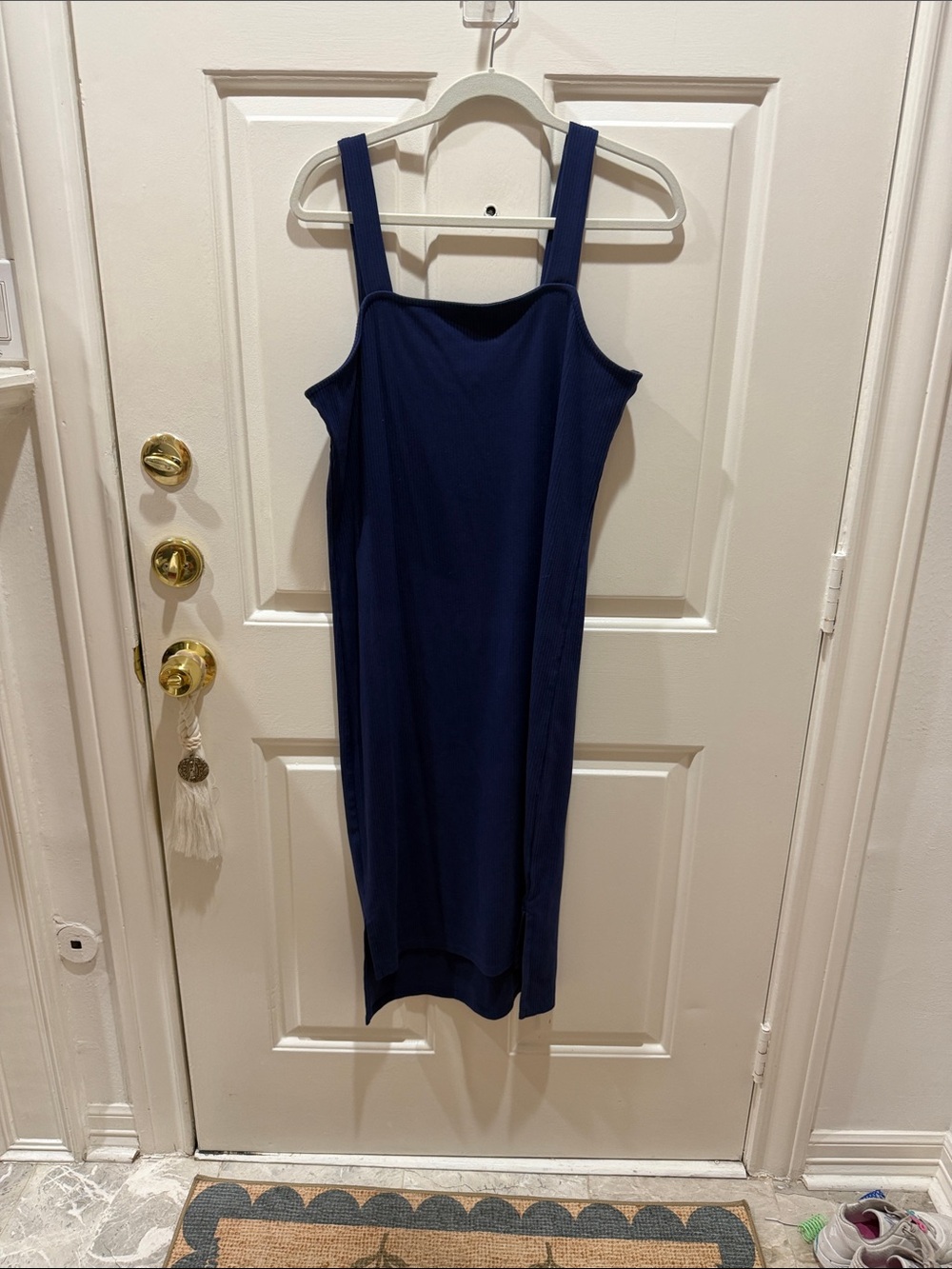 Square-Neck Navy Midi Dress with Wide Straps